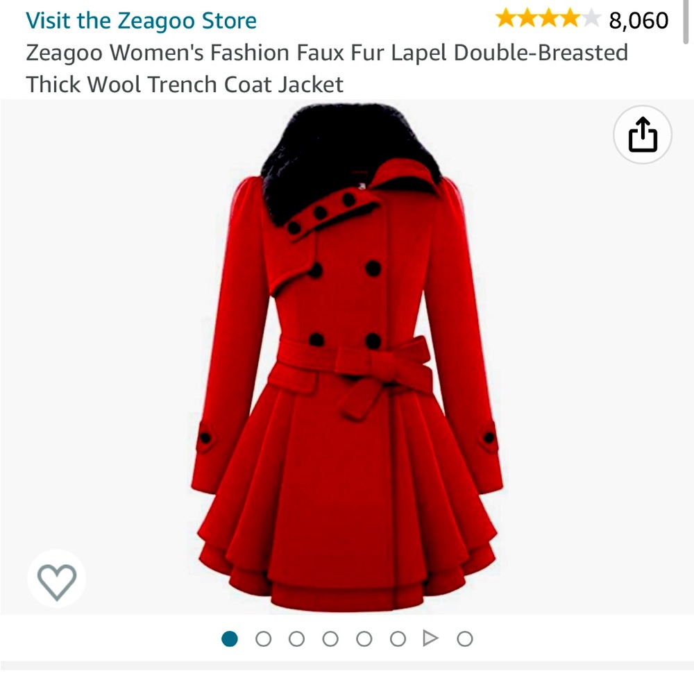Faux Fur Lapel Double-Breasted Thick Wool Trench Coat Jacket RED BLACK SMALL
